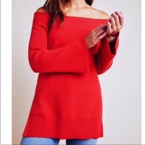 Anthropologie Off the Shoulder Red Tunic Sweater